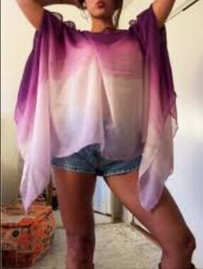 Sheer Ombre Purple and Cream Flutter Top W/open Sleeves Capelet Shrug Wrap O/S